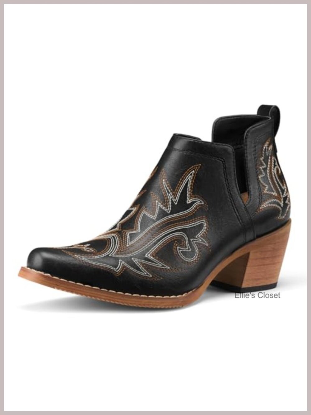 Vegan Leather Western Ankle Booties with Block Heel and Square Toe